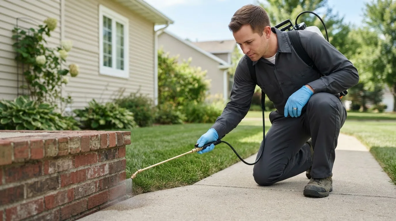 Pest control technician treating a home near Bethalto, IL